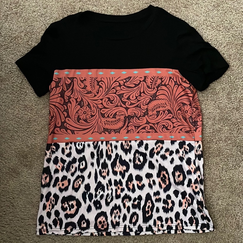 SHEIN western multi-print color block top